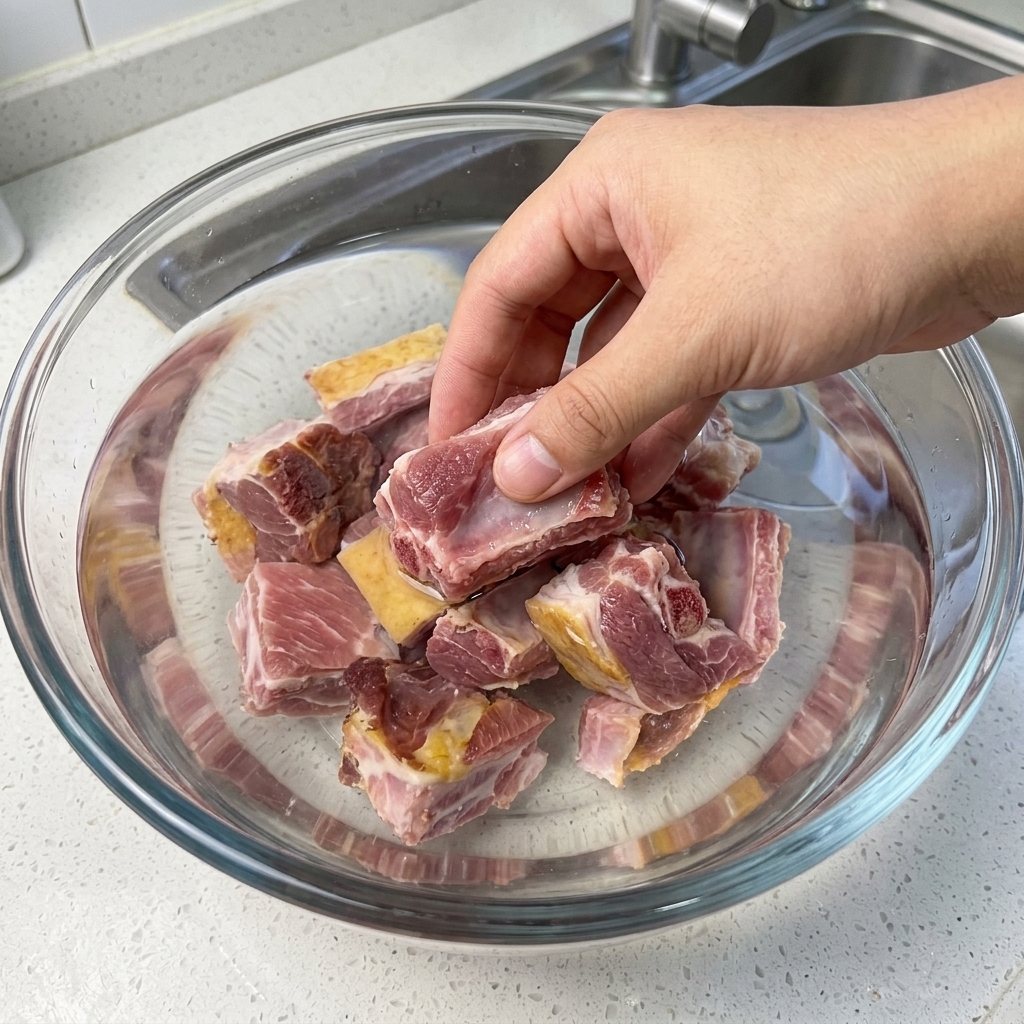 A hand placing pieces of raw, skin-on pork ribs into a clear glass bowl filled with water to soak.