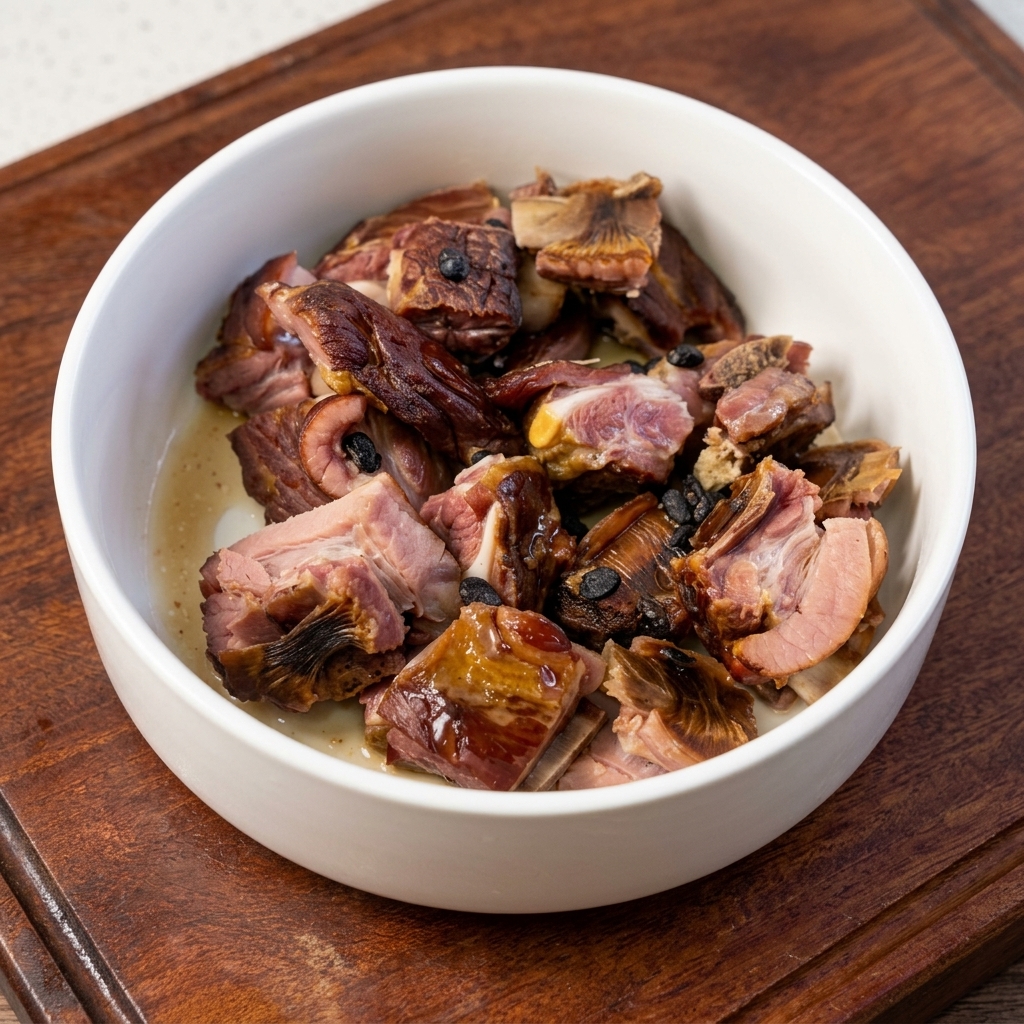 Blanched cured pork rib pieces arranged in a white bowl, seasoned with whole dark fermented black beans.