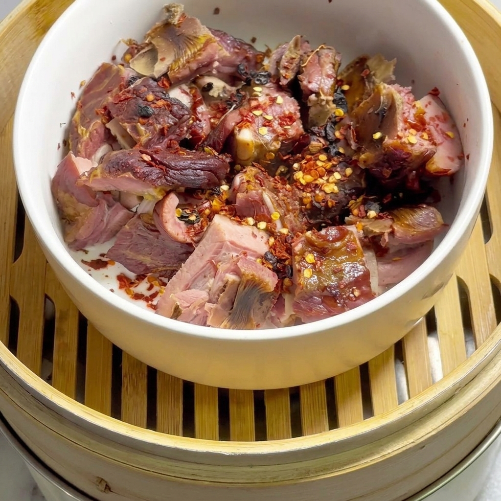 A white ceramic bowl containing seasoned cured ribs sprinkled with chili flakes, sitting inside a round bamboo steamer.