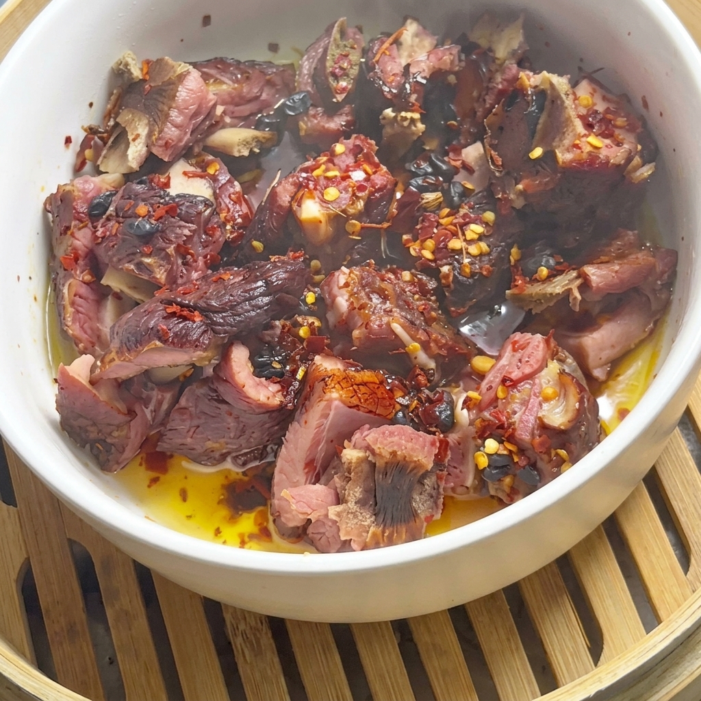 Steamed cured ribs glistening in their own rendered juices inside a white bowl, freshly seasoned with soy sauce and spices.