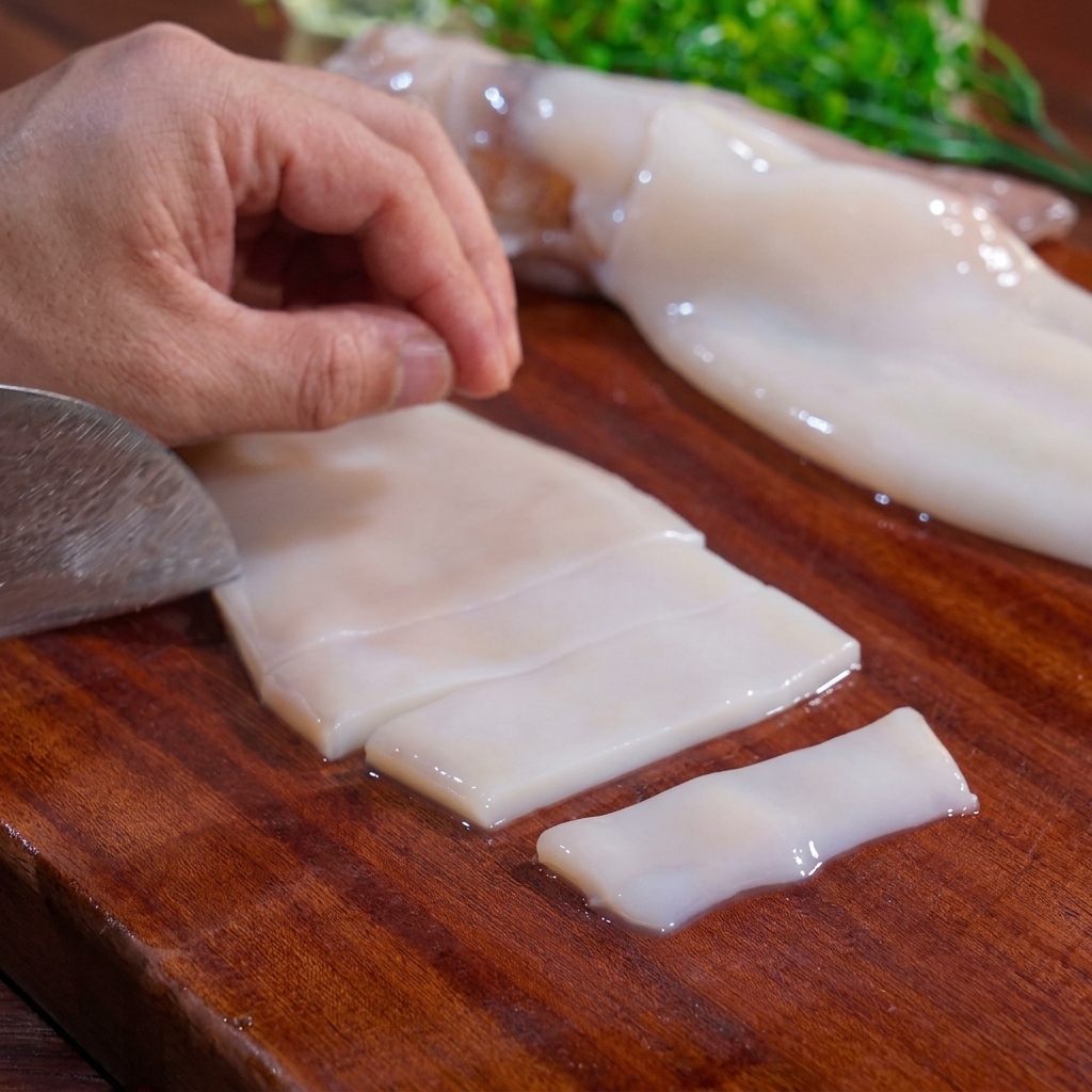 A close-up shot of a chefs knife slicing through a clean, white raw squid body on a wooden cutting board.