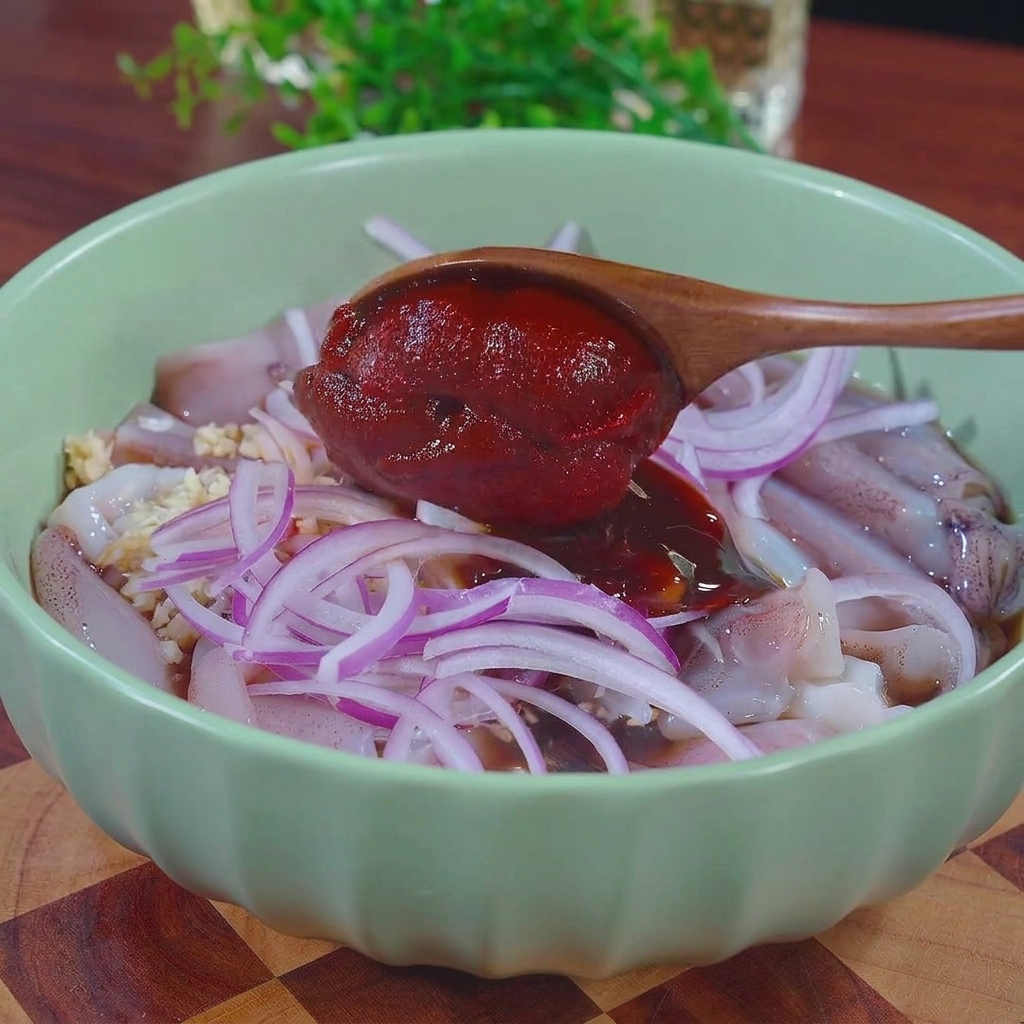 A wooden spoon adding a large scoop of vibrant red chili paste into a green bowl filled with raw squid and onion slices.