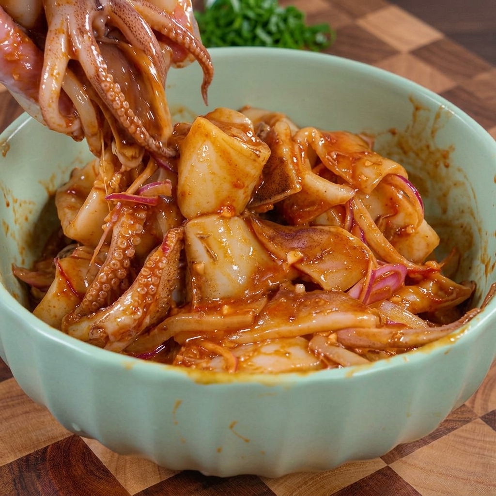 A hand mixing and lifting seasoned raw squid strips coated in red savory sauce and onion slices inside a light green bowl.