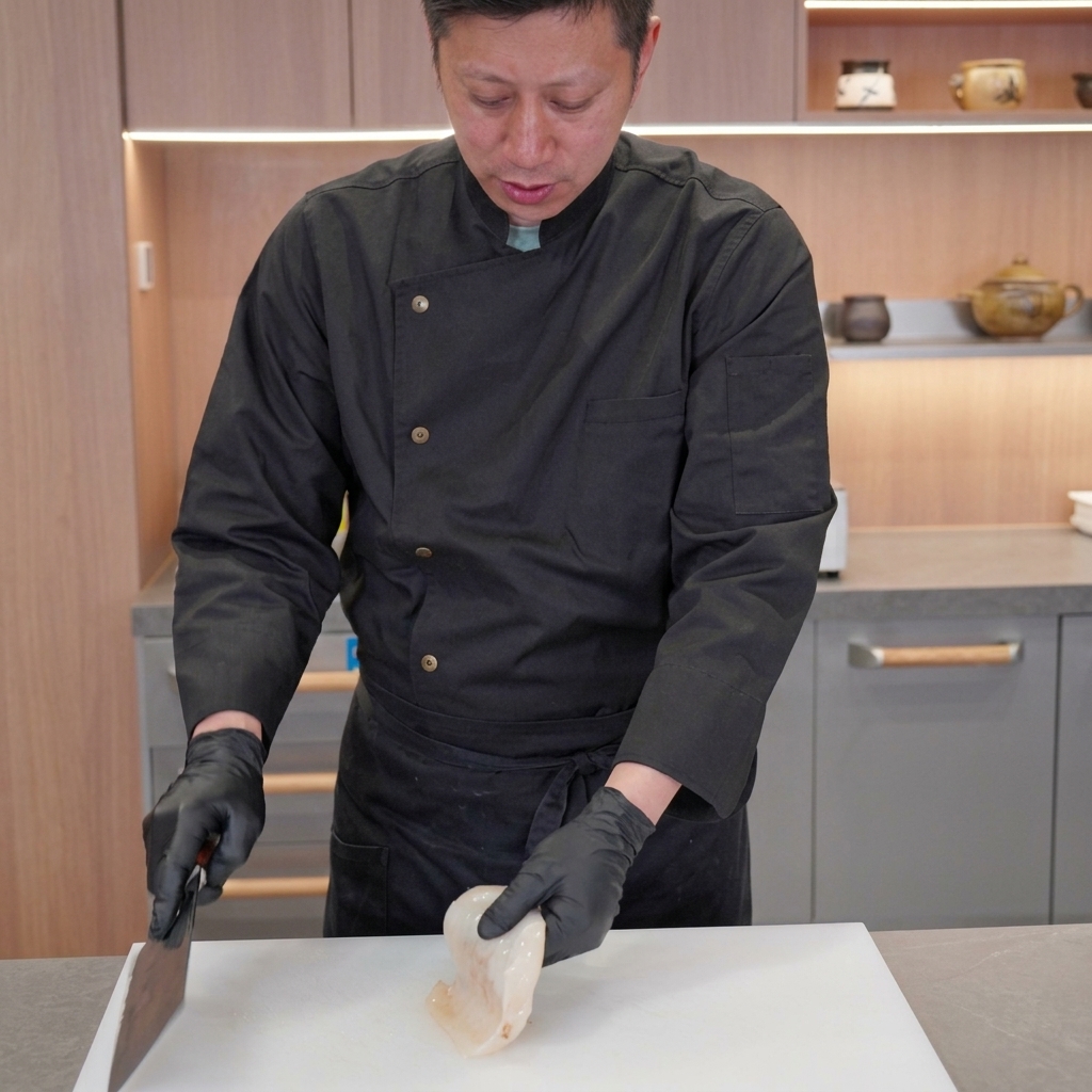 A chef in black gloves carefully slicing a raw, white squid tube into pieces on a large white plastic cutting board using a wide cleaver.