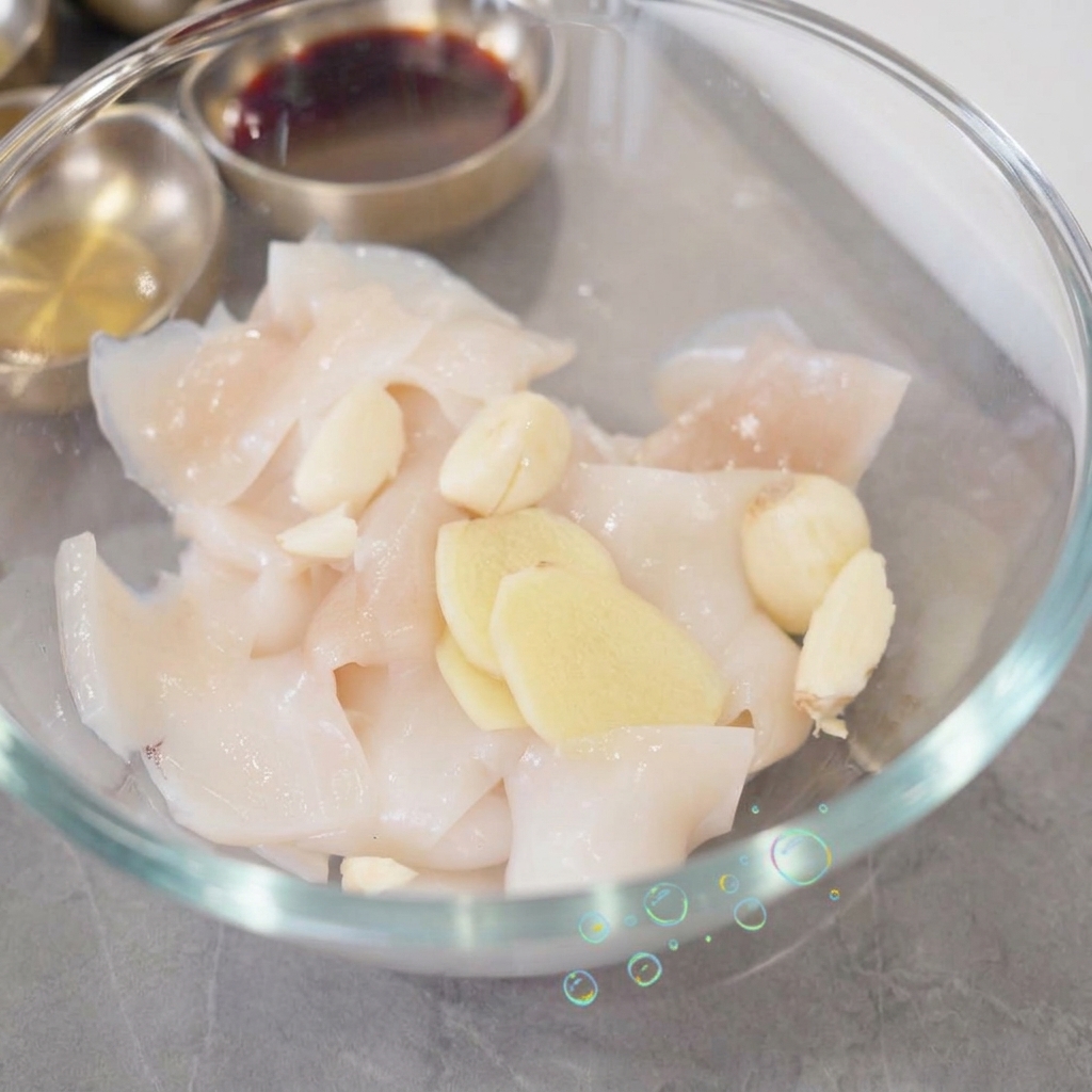Slices of fresh ginger and whole garlic cloves sitting on top of raw squid pieces inside a transparent glass bowl as dark soy sauce is added.