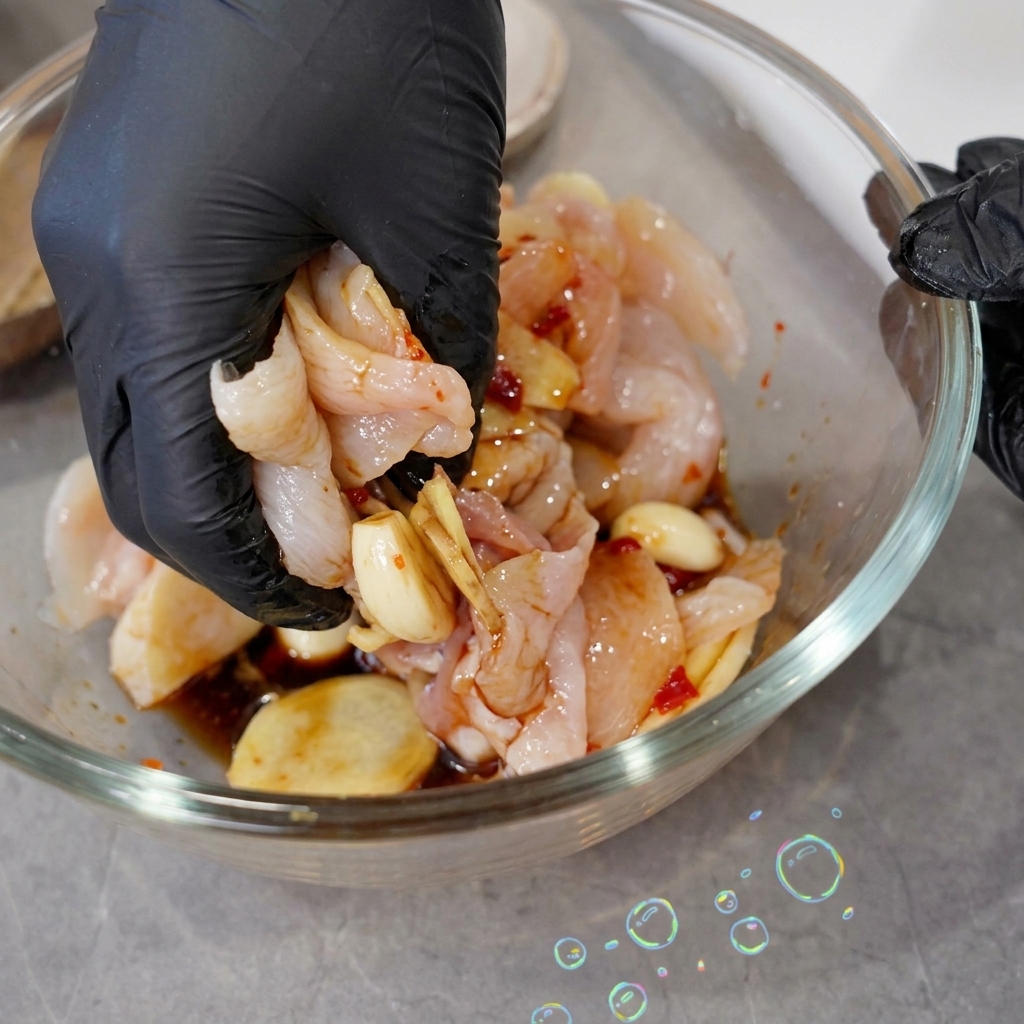 A hand wearing a black glove thoroughly mixing and rubbing a rich, reddish-brown marinade into raw squid slices inside a glass mixing bowl.