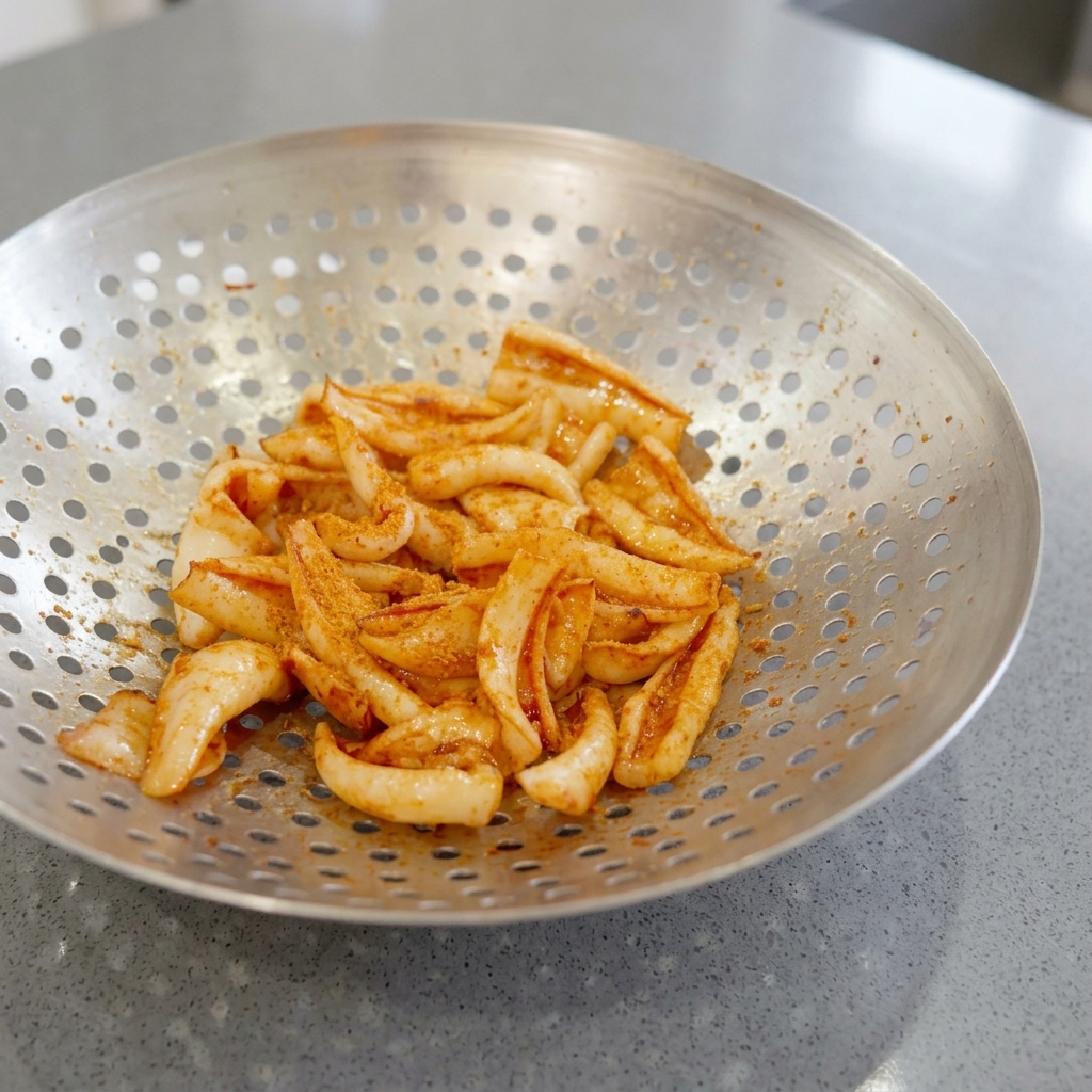 Scorched squid pieces coated in reddish seasoning powder sitting in a metal skimmer.