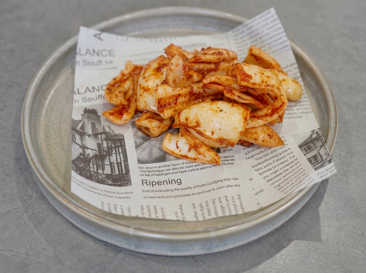 Seasoned grilled squid pieces piled on a serving plate lined with printed parchment paper.