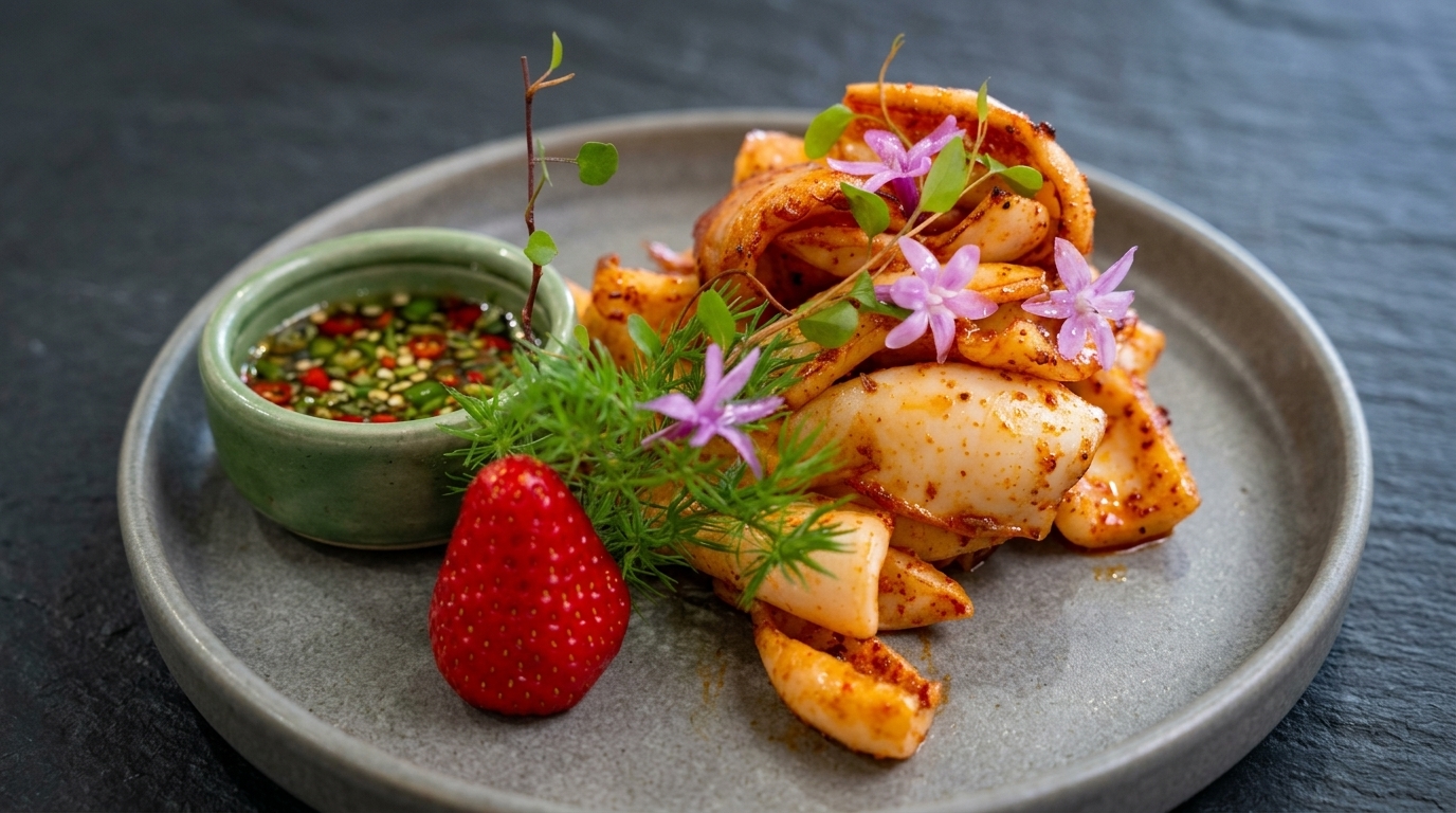 Crispy Charcoal-Style Grilled Squid with Spicy Citrus Dipping Sauce