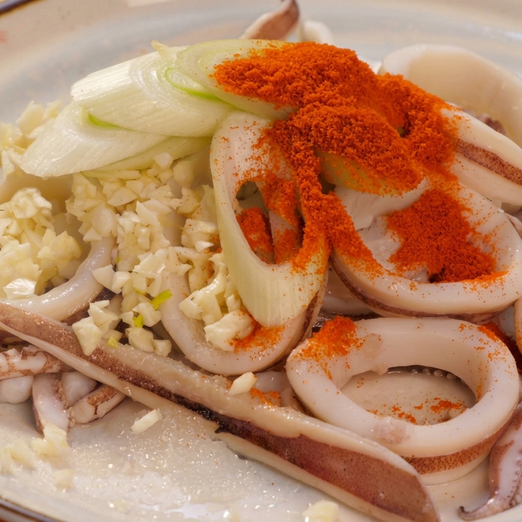 Blanched squid rings arranged on a plate and topped with minced garlic, green scallions, and a large scoop of bright red chili powder.