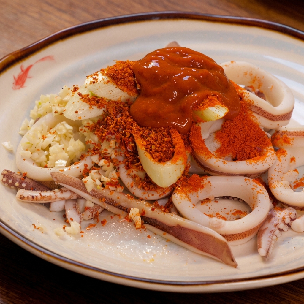 A thick dollop of dark red Korean chili paste sitting on top of sliced scallions, red chili powder, garlic, and blanched squid rings on a plate.