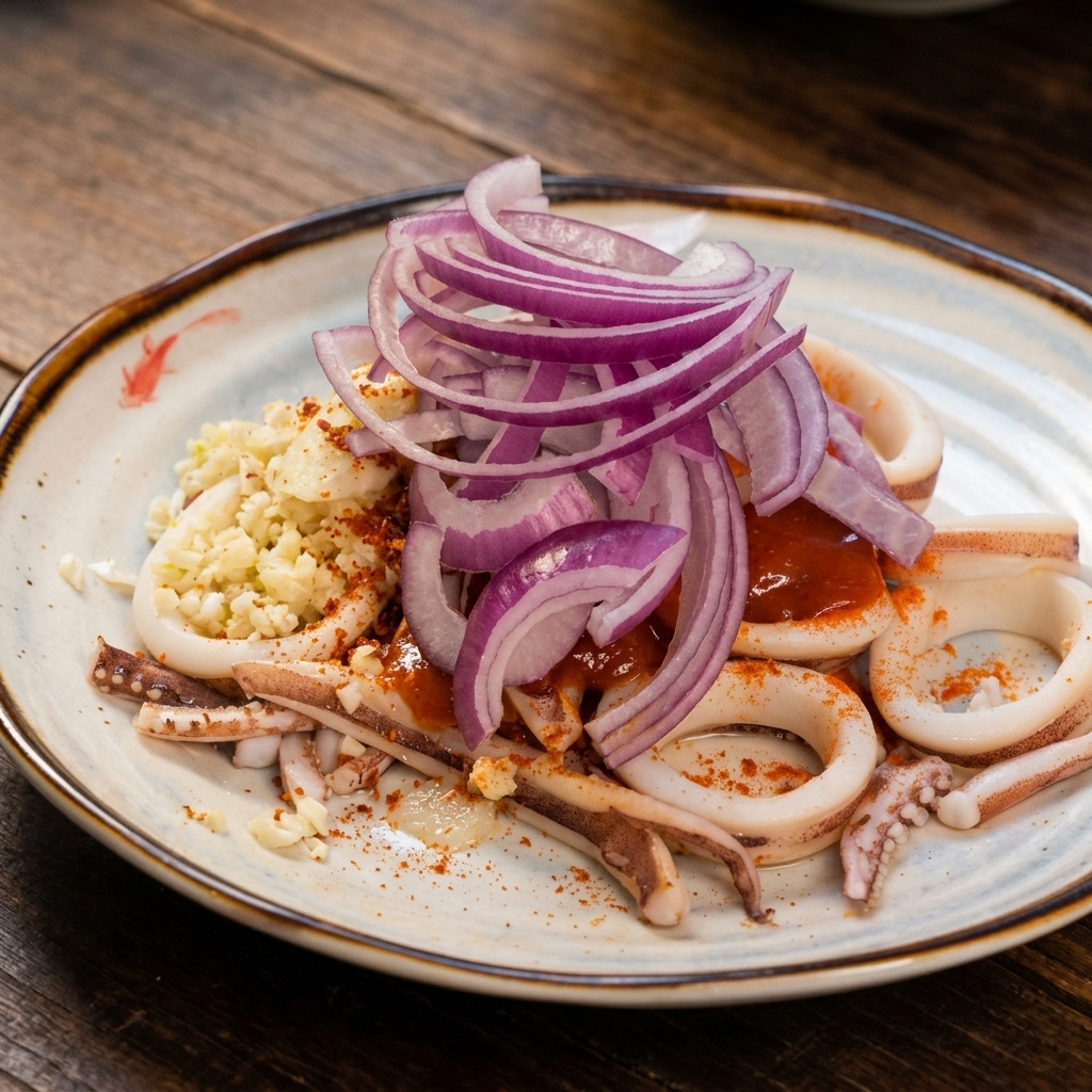 A generous pile of sliced purple red onions layered over the seasoned squid rings and chili paste on a plate.