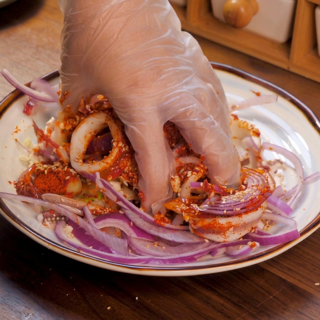 A hand in a clear plastic glove tossing and mixing squid rings, red onions, and spicy red seasonings together on a ceramic plate.