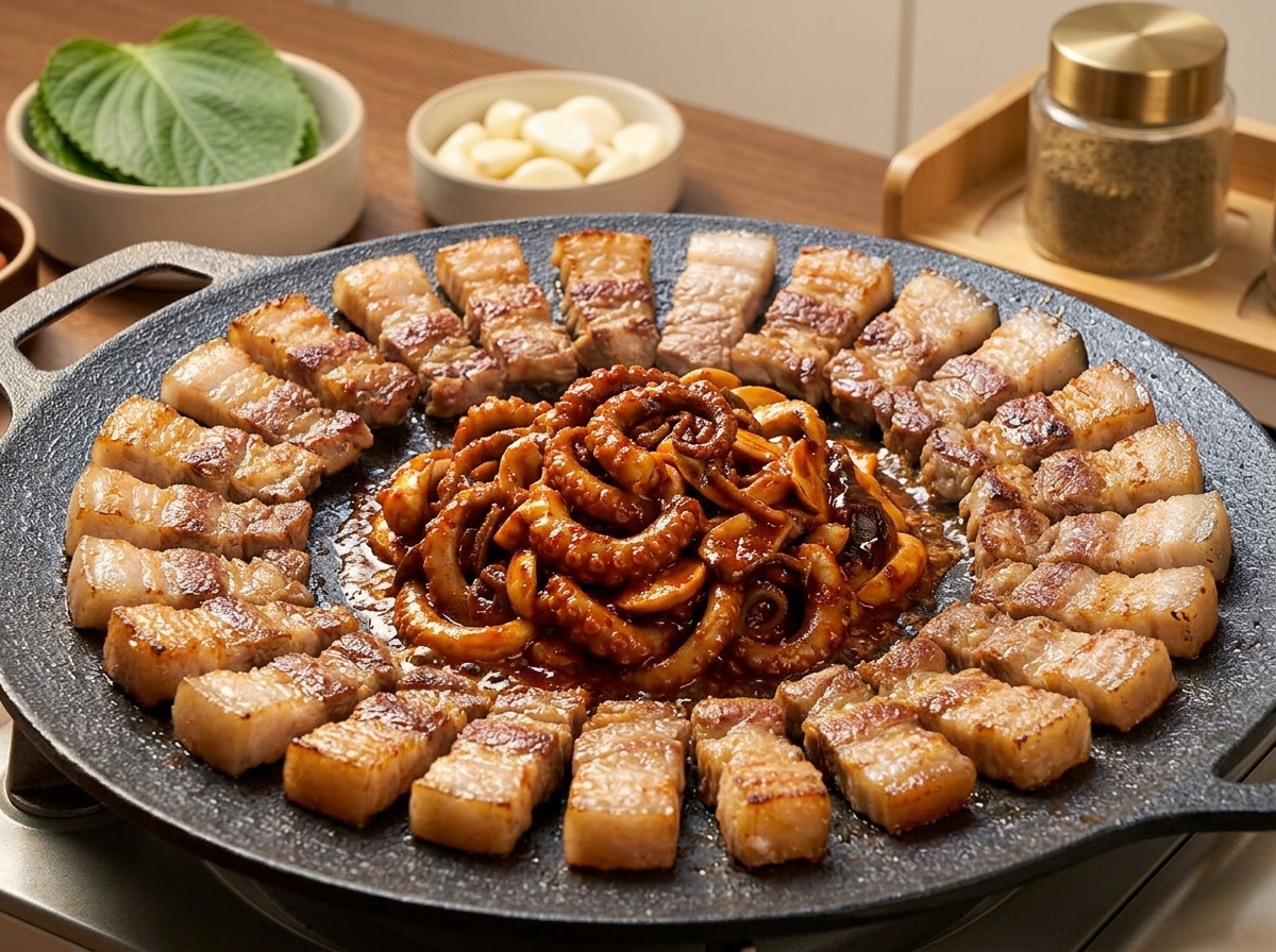 A round griddle pan with seared pork belly slices arranged in a circle along the edge and a pile of red, spicy marinated squid and onions in the center.