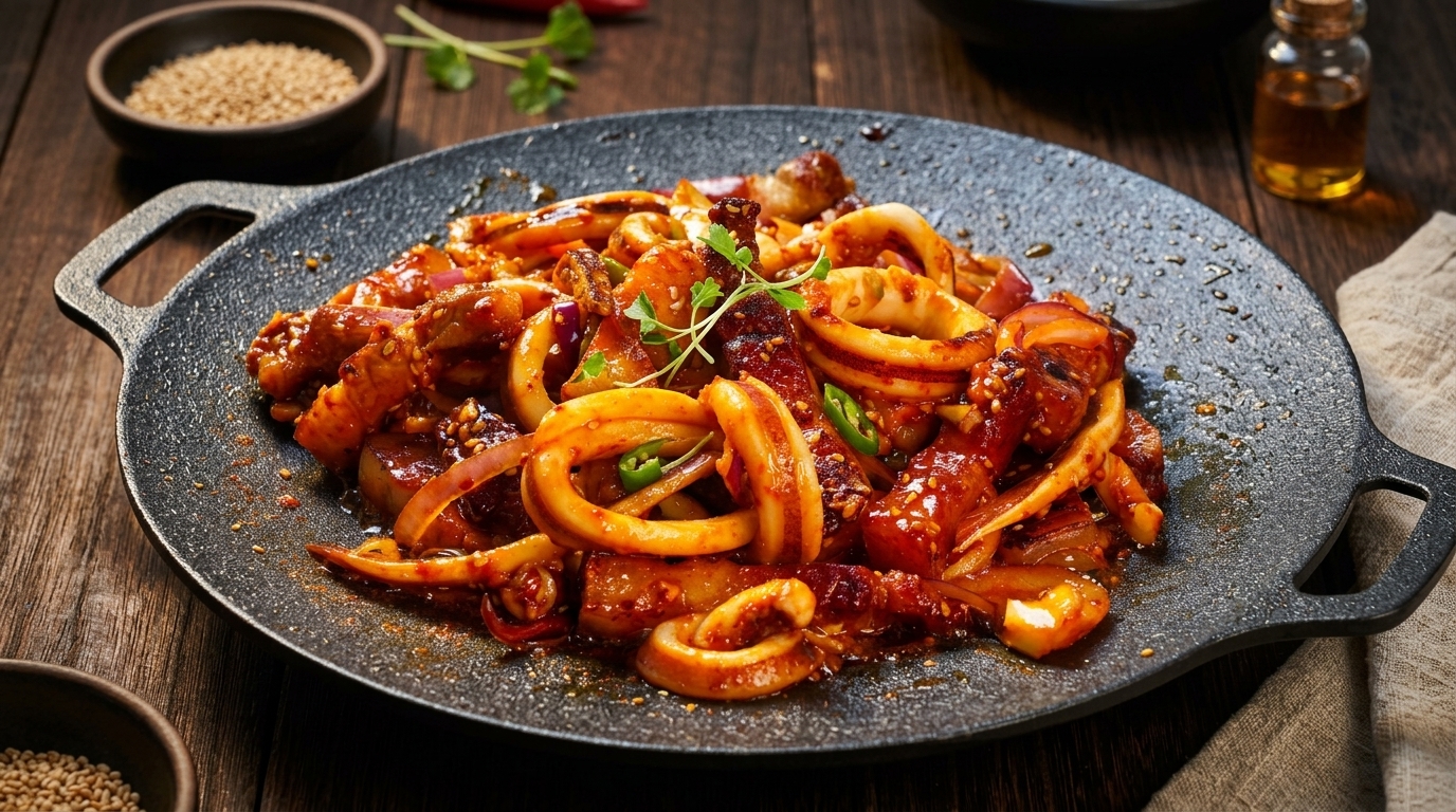 Sizzling Korean-style teppanyaki squid and pork belly coated in a glossy, fiery gochujang sauce on a cast-iron griddle.