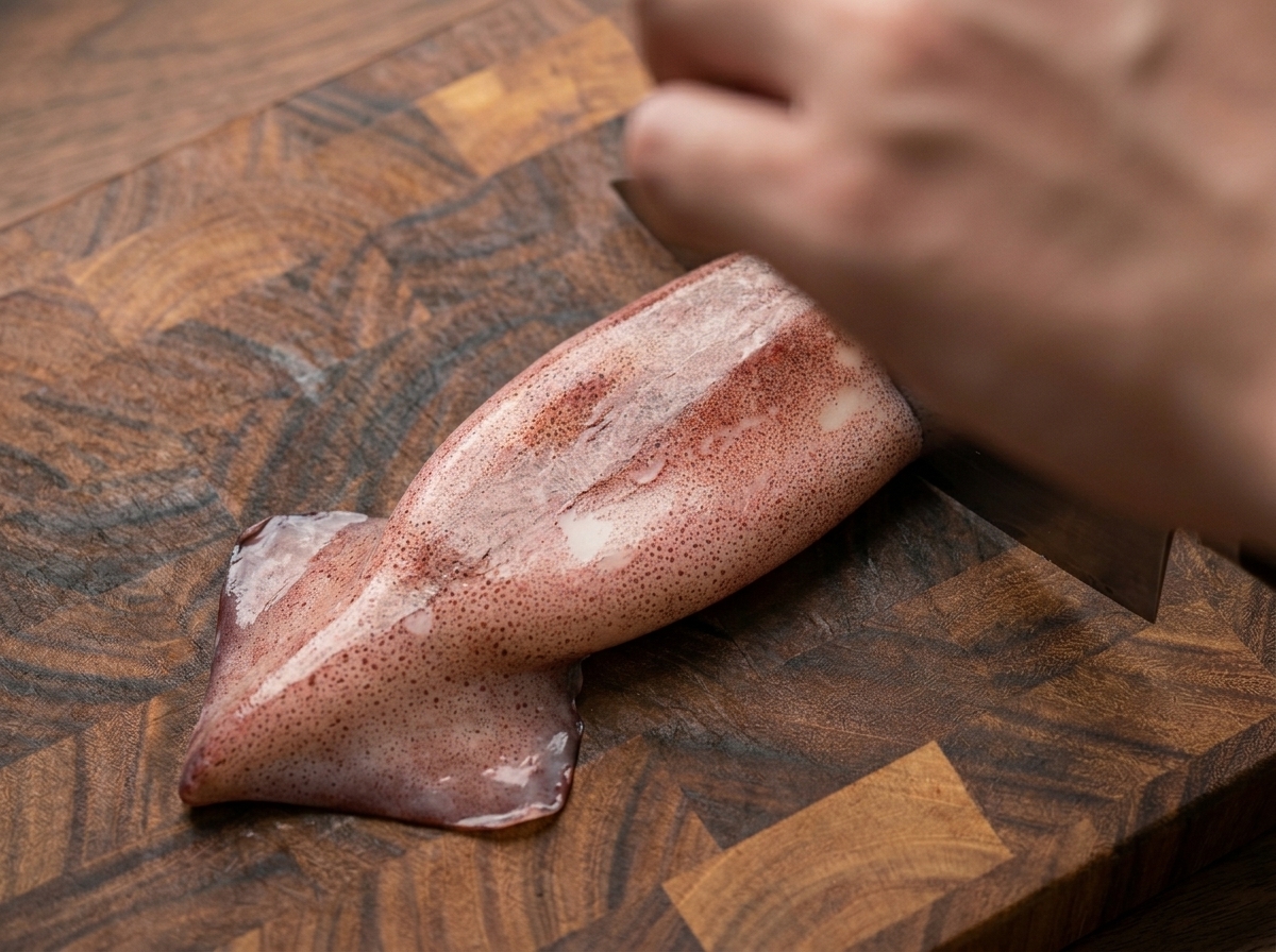 A persons hand using a kitchen knife to slice a fresh, raw squid tube into rings on a wooden cutting board.