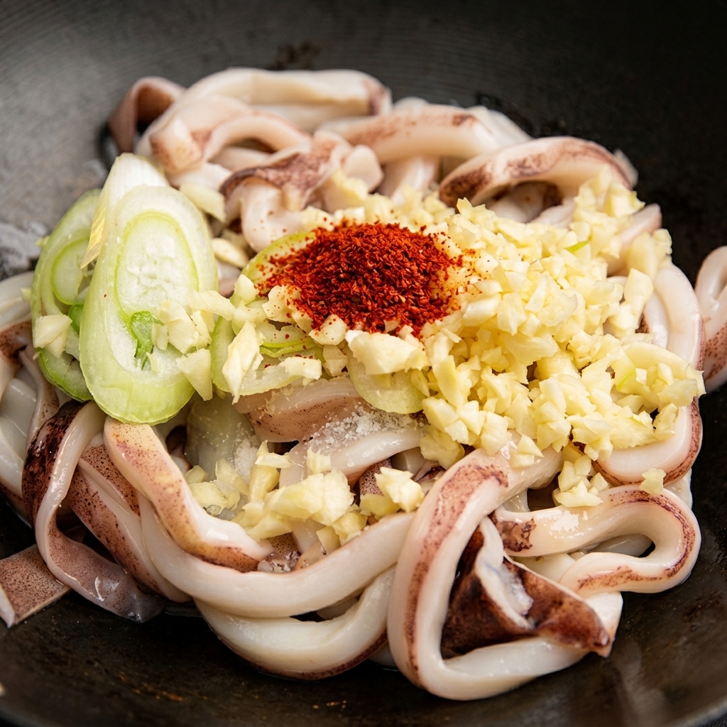 A heap of minced garlic, green scallions, and red chili powder resting on top of squid rings in a bowl.