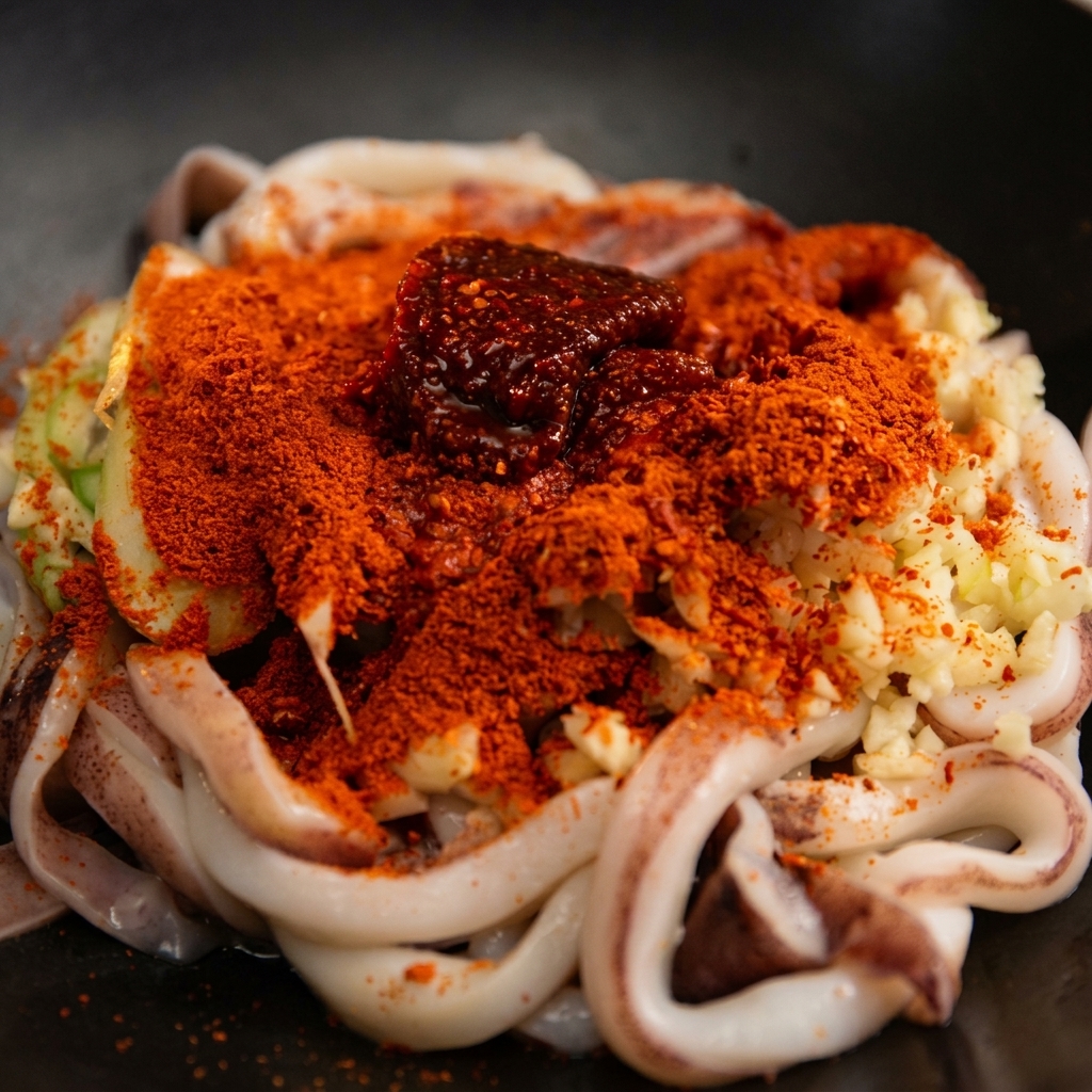 A dark dollop of Korean chili paste surrounded by vibrant red chili powder on seasoned squid.