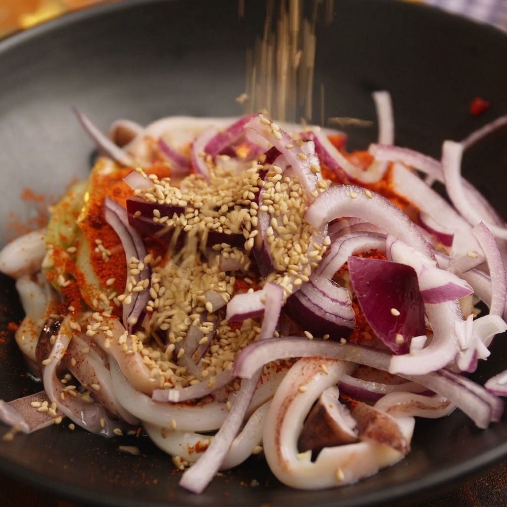 Sliced red onions and toasted sesame seeds being sprinkled over seasoned squid rings in a black bowl.