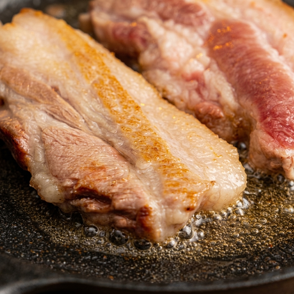 Thick strips of pork belly searing on a hot cast-iron plate, with bubbles of rendered fat sizzling around the golden-brown meat.