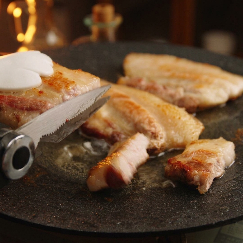 Kitchen scissors cutting a thick piece of seared pork belly into smaller pieces over a hot round grill pan.