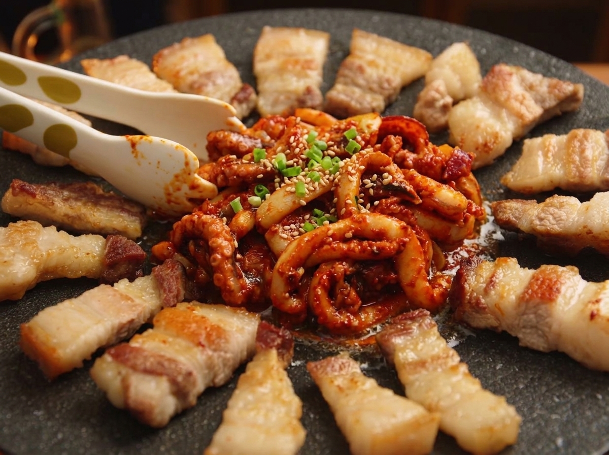 Spicy marinated squid topped with sesame seeds and scallions placed in the center of a circular arrangement of grilled pork belly pieces.