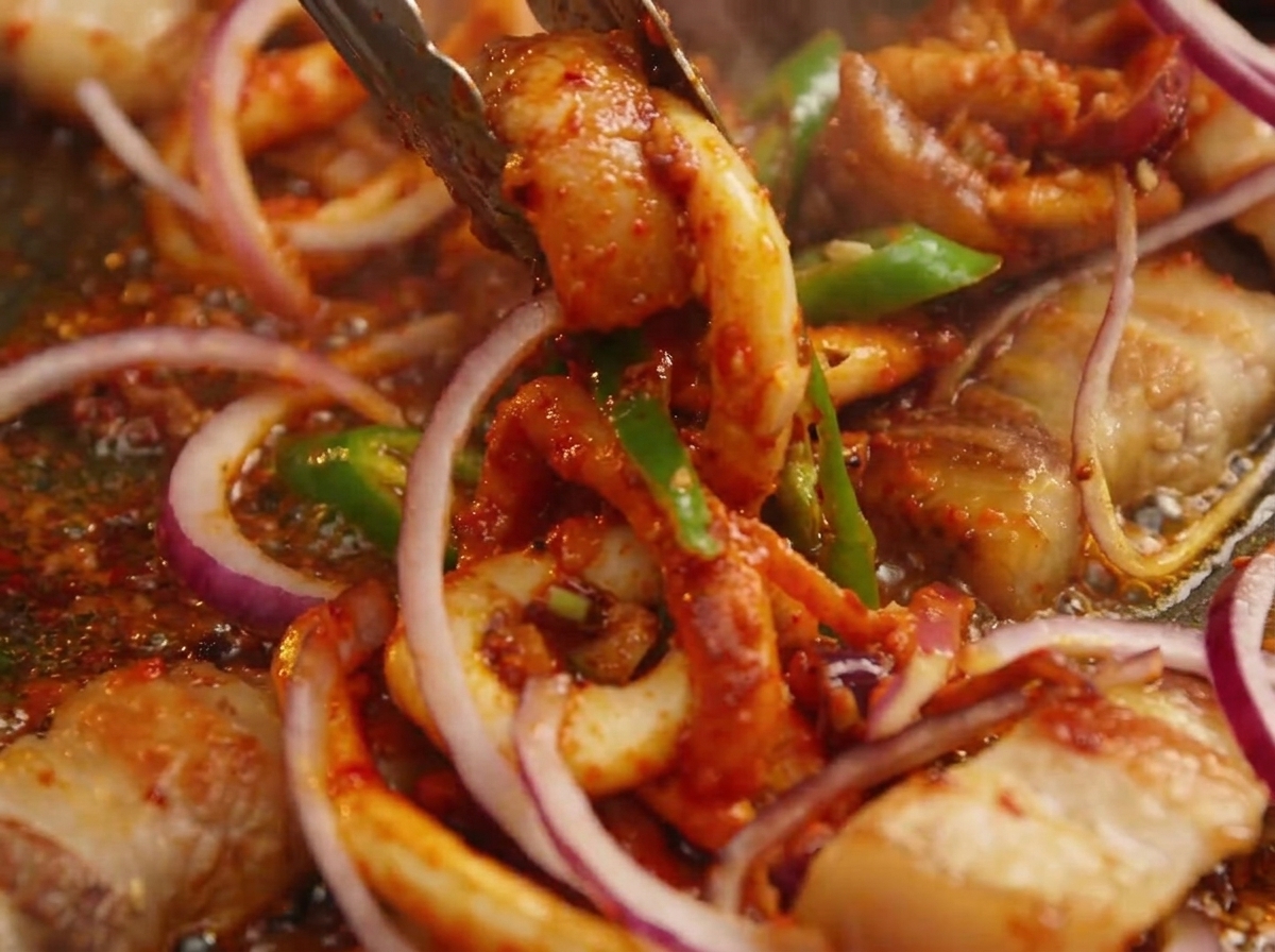 Spicy marinated squid, red onion slices, and seared pork belly pieces being vigorously tossed together on a hot, sizzling iron plate with metal tongs.
