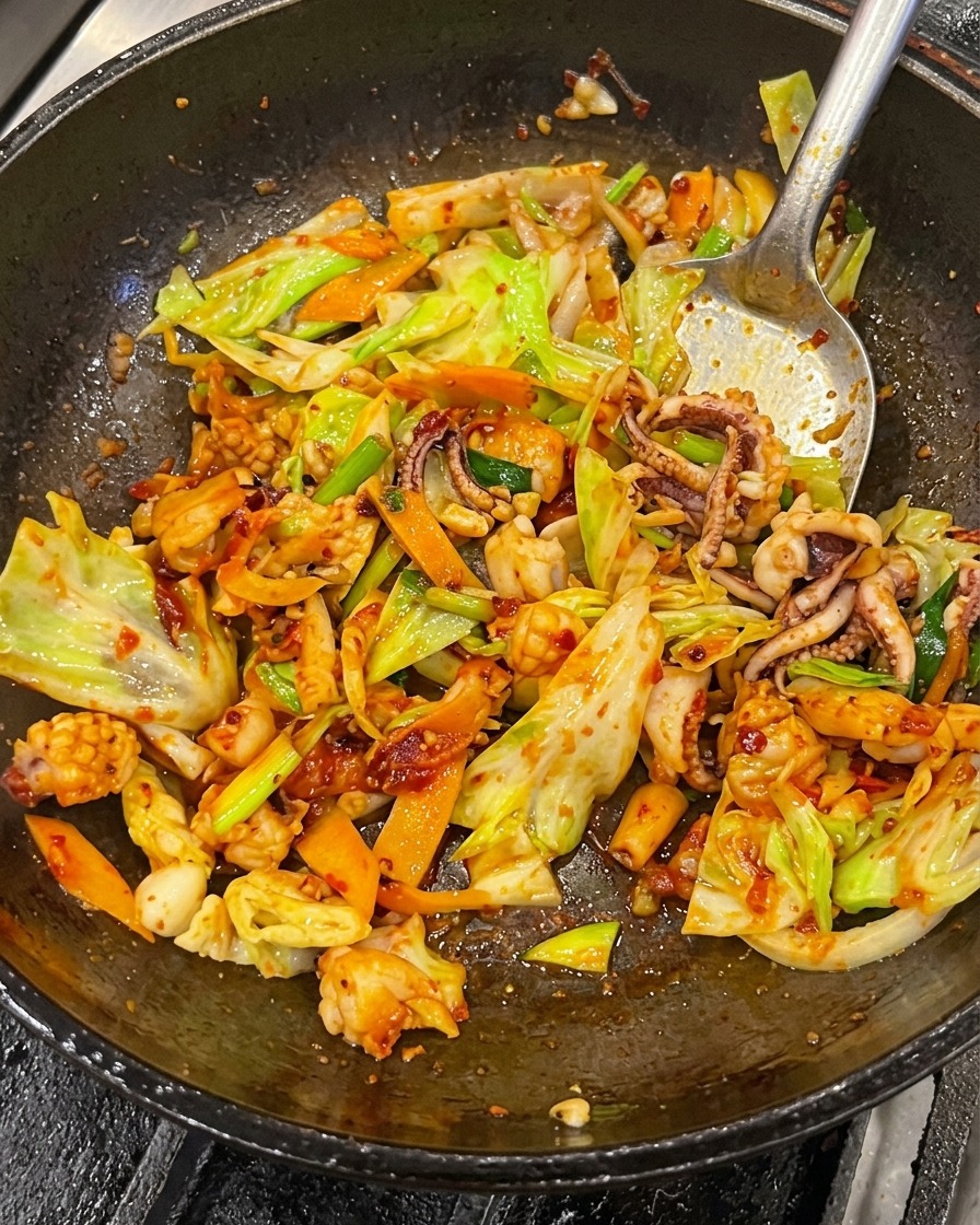 A close-up view of squid, pork belly, cabbage, and carrots being stir-fried with a metal spatula inside a wok, completely coated in a glossy red spicy sauce.