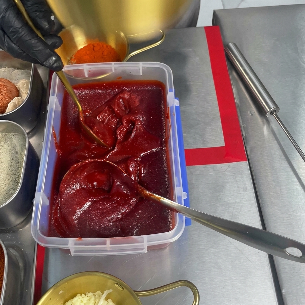 A metal spoon scooping up bright red, thick chili paste from a large container to add into a separate bowl.