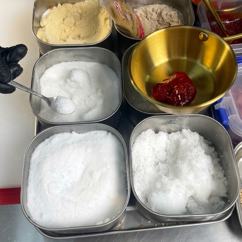 A small spoon adding white crystals into a metal bowl containing red chili paste amidst other seasoning containers.