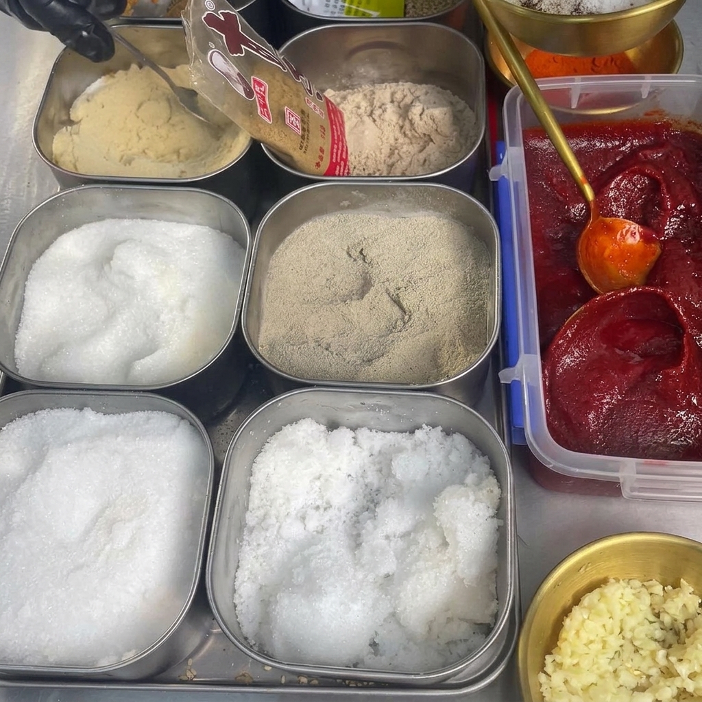 Measuring out various dry seasonings and ground pepper into a metal bowl containing chili paste and white sugar.