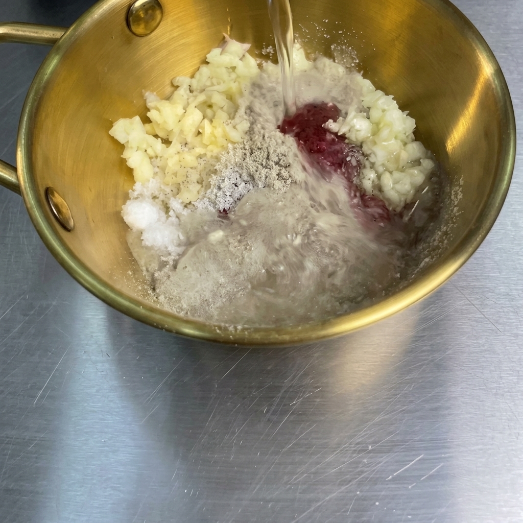 Clear liquid soda being poured from above into a golden bowl filled with minced garlic, red chili paste, and dry seasonings.