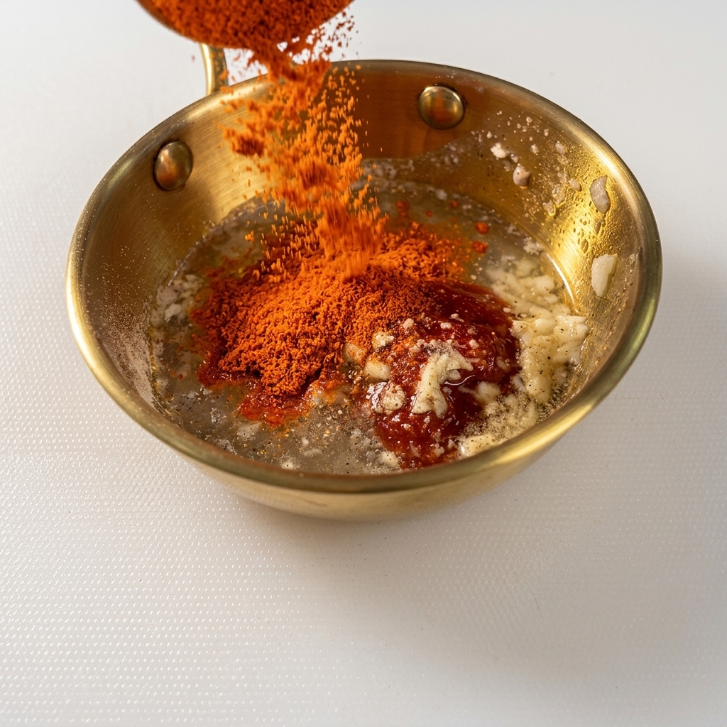 Bright red chili powder being poured into a golden bowl containing garlic, sugar, and liquid.