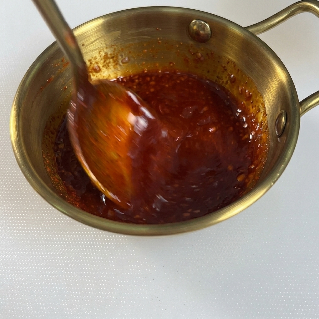 A metal spoon stirring a thick, bright red sauce inside a golden bowl.
