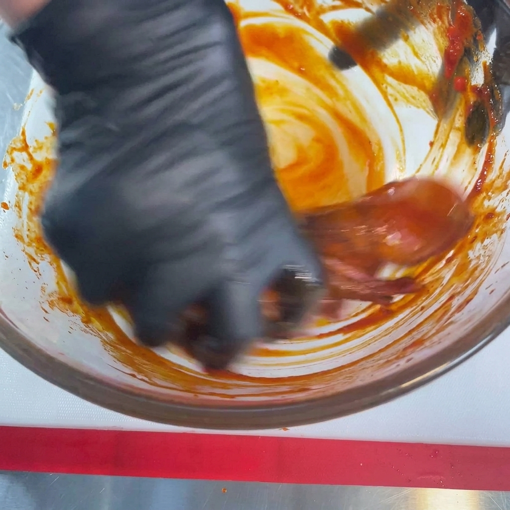 A hand wearing a black glove thoroughly rubbing and coating raw squid with a thick, red spicy sauce inside a glass mixing bowl.