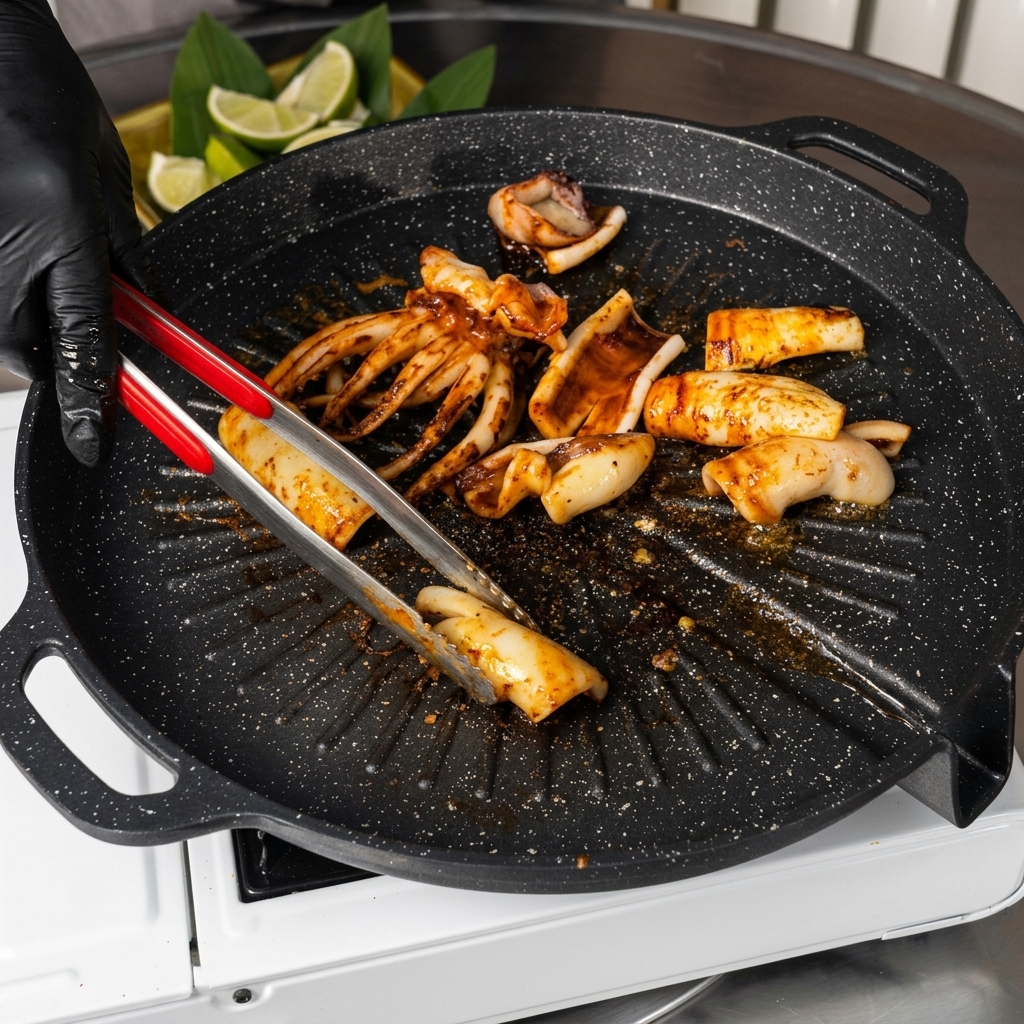 Using tongs and scissors to cut grilled squid tentacles and body sections into pieces on a hot black grill pan.