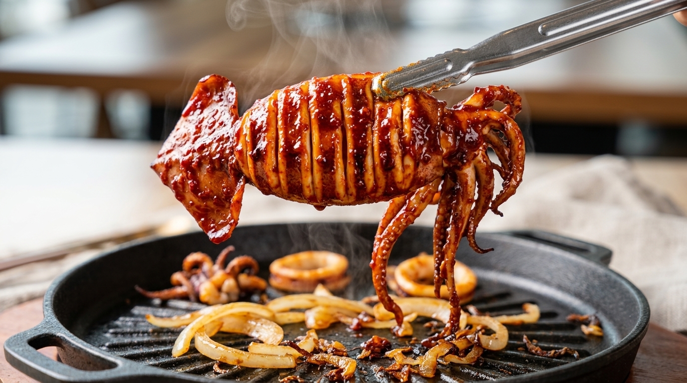 A whole grilled squid glazed in a rich, vibrant chili sauce held over a sizzling grill pan.
