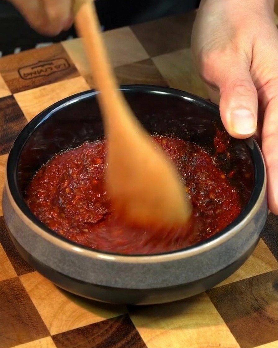 A hand stirring a thick red chili seasoning paste in a small dark ceramic bowl using a wooden spoon.