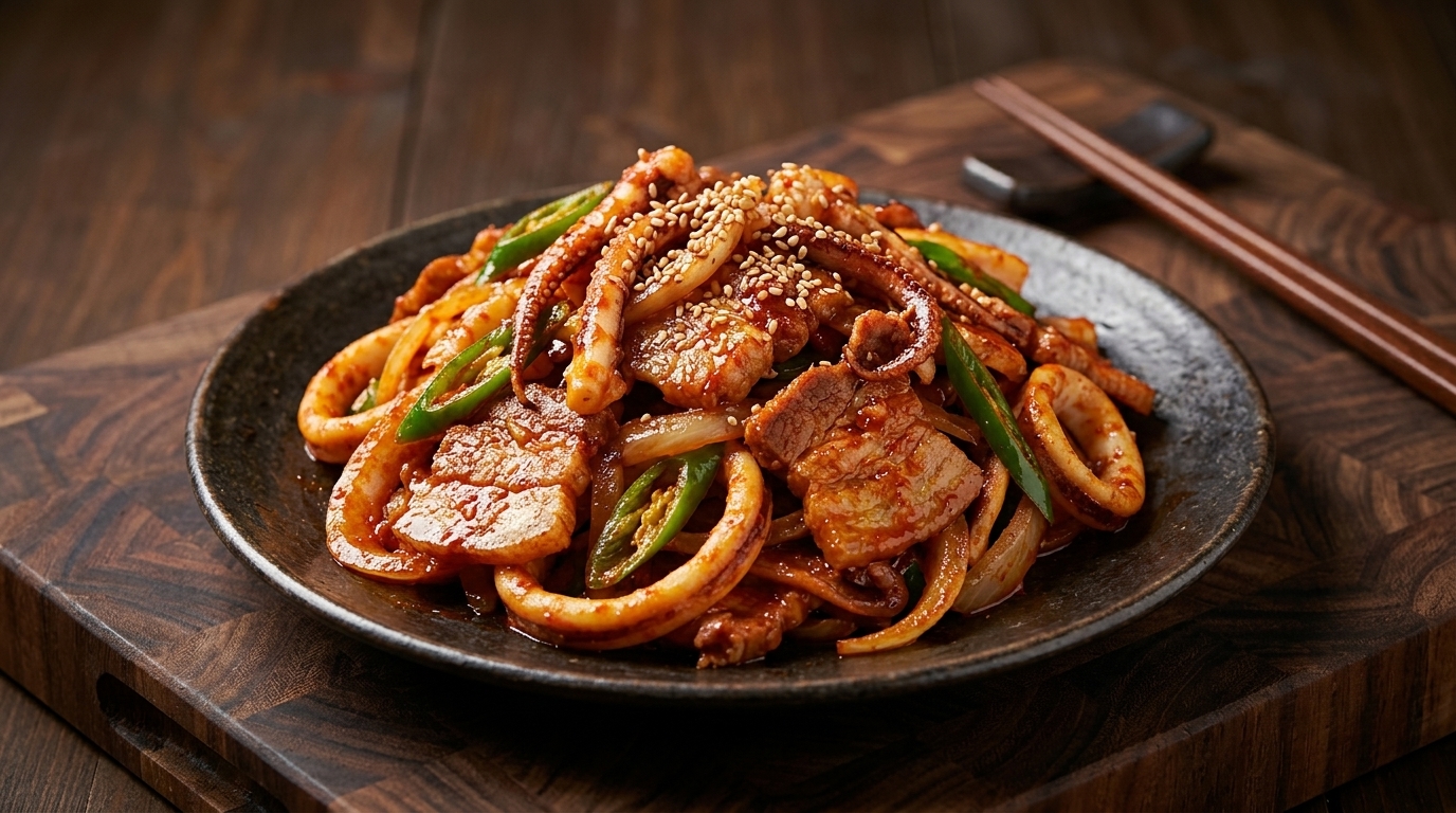 Spicy Korean Stir-Fried Squid and Pork Belly (Osam-Bulgogi)