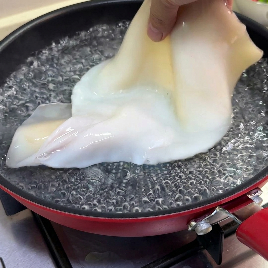 A whole cleaned squid being lowered into a pan of bubbling boiling water by hand.