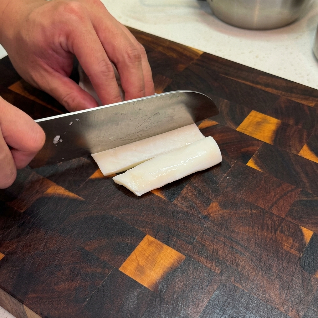 A person using a knife to slice a piece of white blanched squid into strips on a dark wooden cutting board.