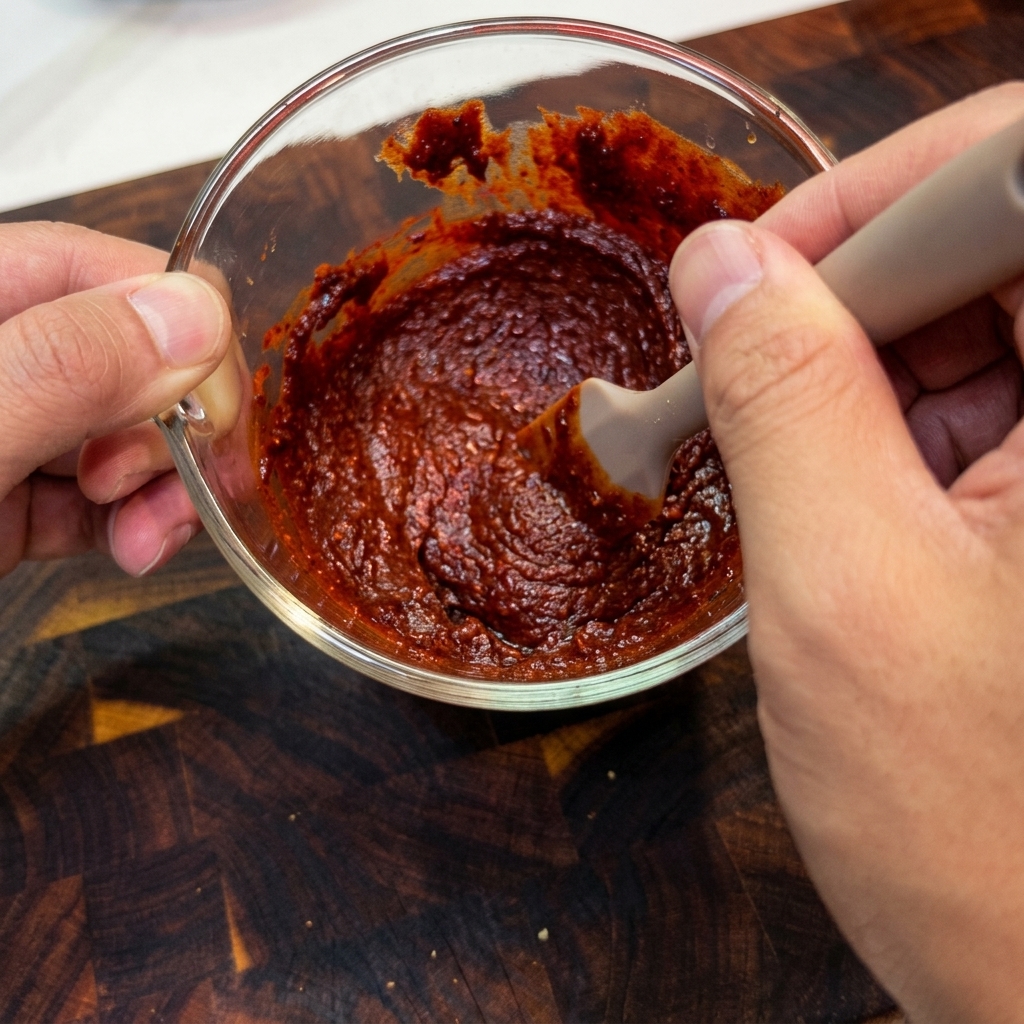 Hands stirring a thick, vibrant red chili sauce paste in a glass bowl with a spatula.