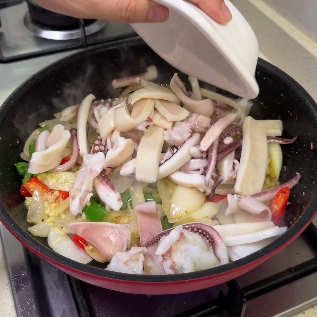 Blanched squid and pork belly being added from a bowl into a pan of stir-fried vegetables.