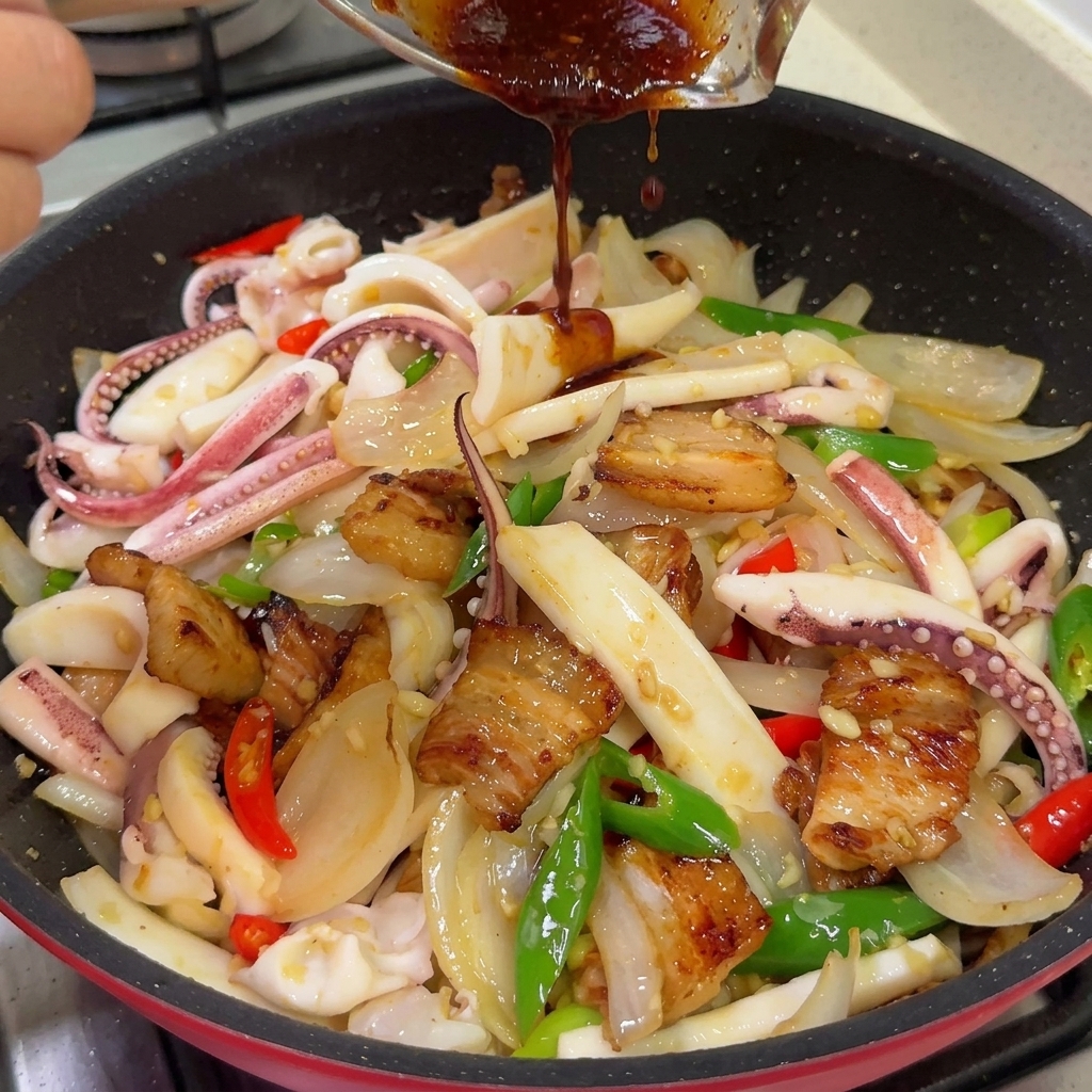 Dark red, thick chili sauce being poured into a pan over squid, pork belly, and vegetables.