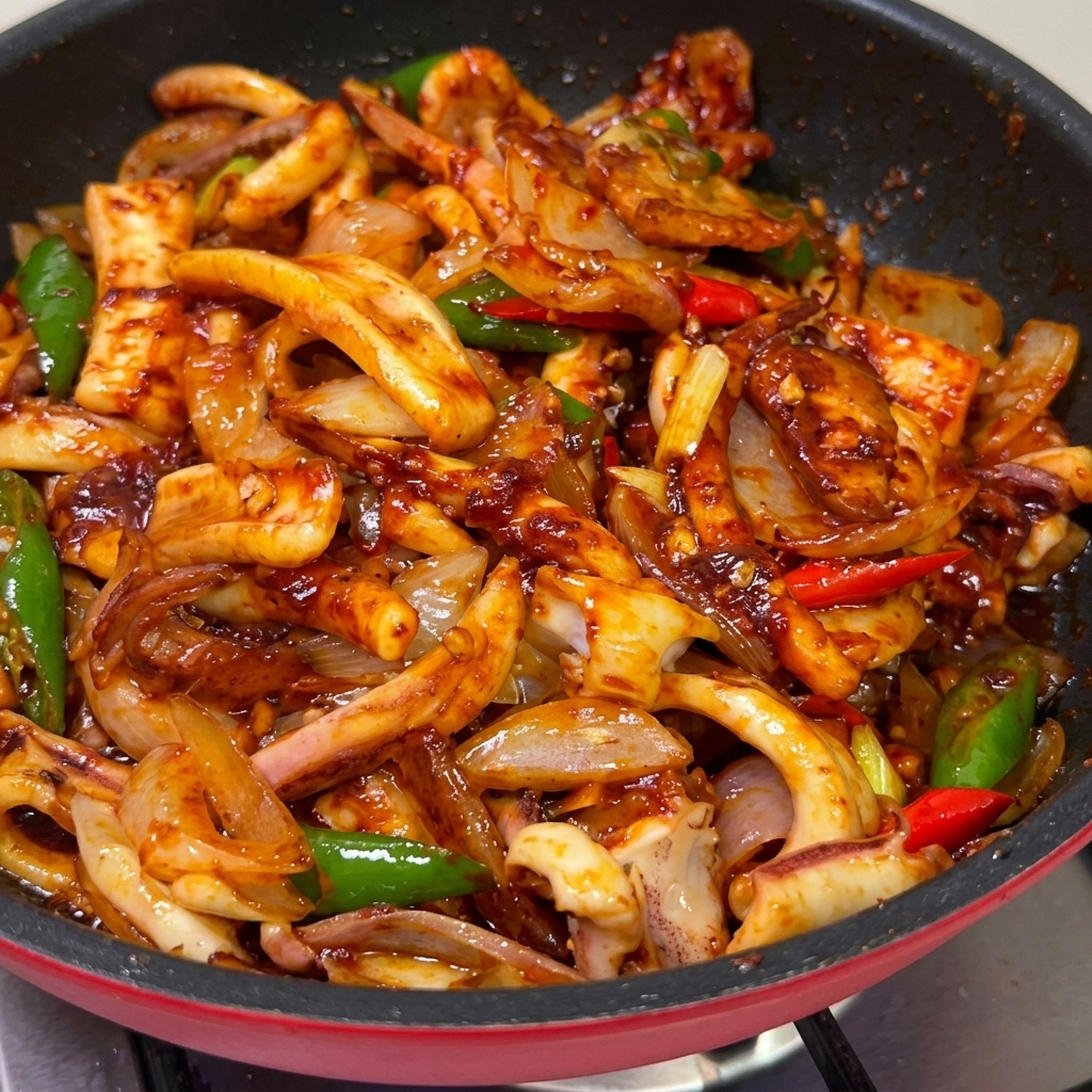 Squid, pork belly, and vegetables in a pan thoroughly coated in a vibrant, glossy red chili sauce.