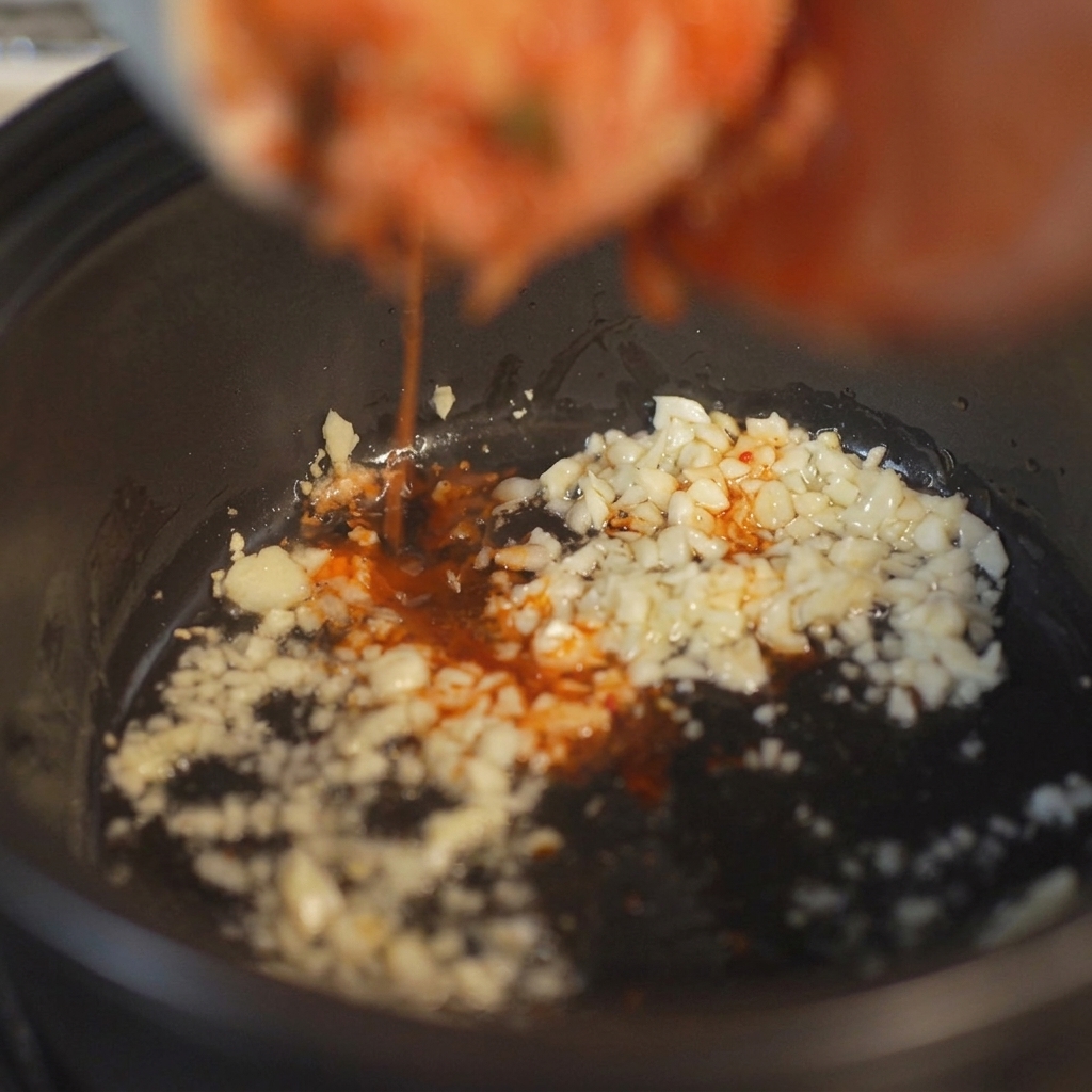 Chopped kimchi with vibrant red juices being poured from a bowl into a black clay pot to cook with sautéed garlic.