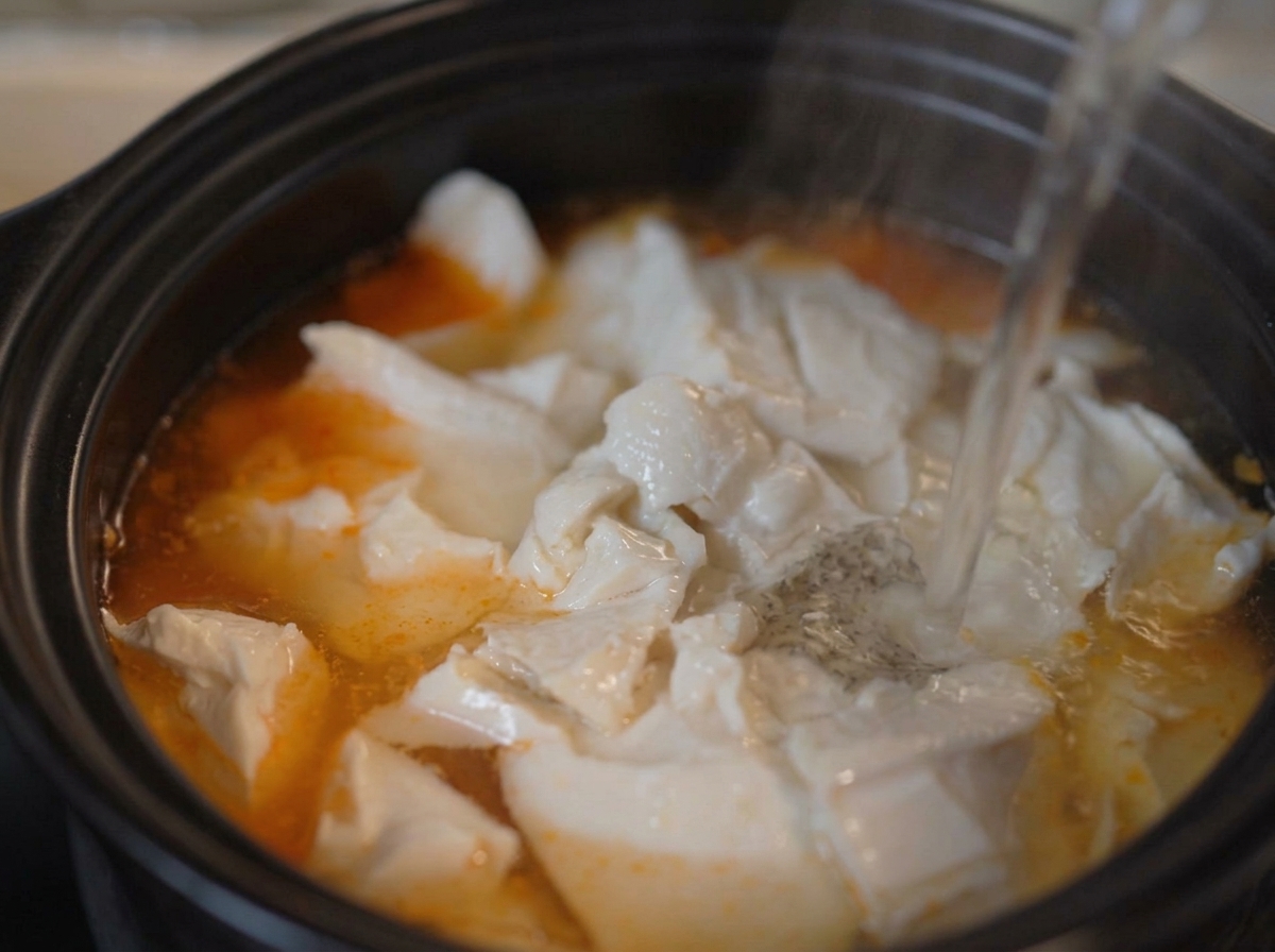 Pouring water into the clay pot until it covers the ingredients.