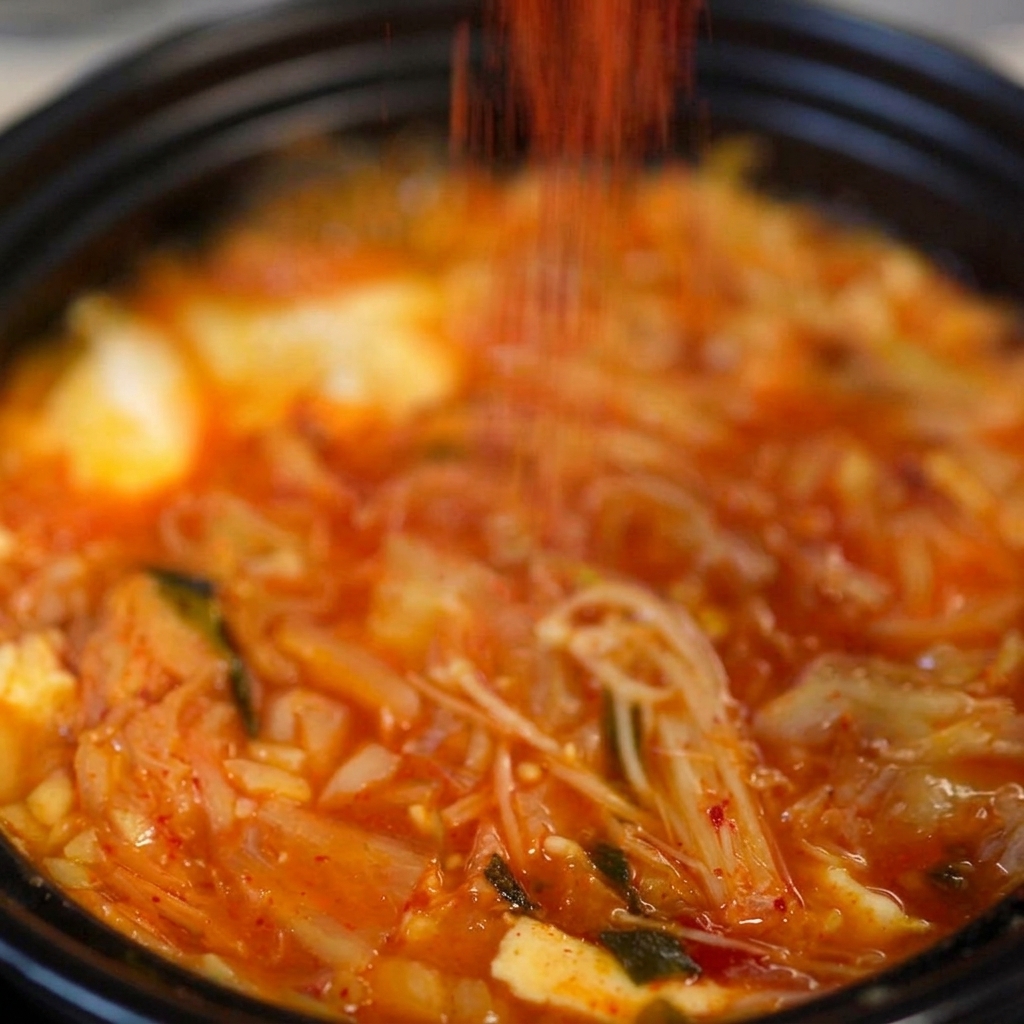 A spoonful of bright red Korean chili flakes being sprinkled directly into a bubbling red kimchi soup broth inside a dark clay pot.