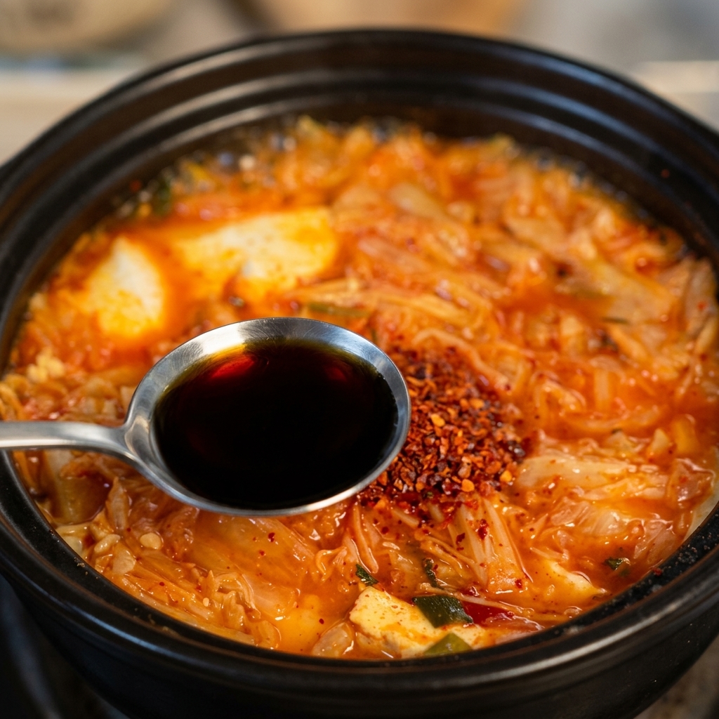 A metal spoon pouring dark light soy sauce over red chili flakes in a simmering clay pot soup.