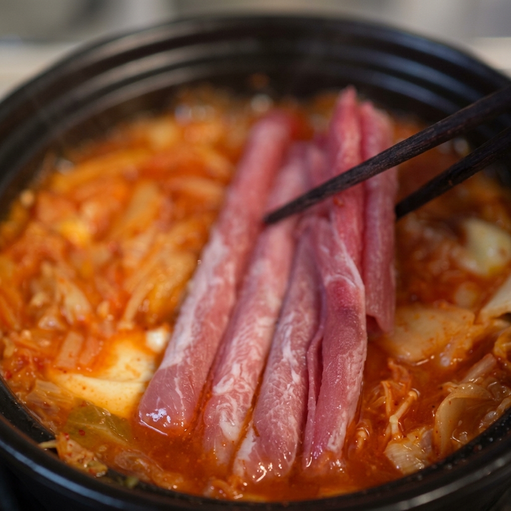 Chopsticks placing long strips of raw, marbled fatty beef rolls into a boiling, deep-red kimchi soup broth.